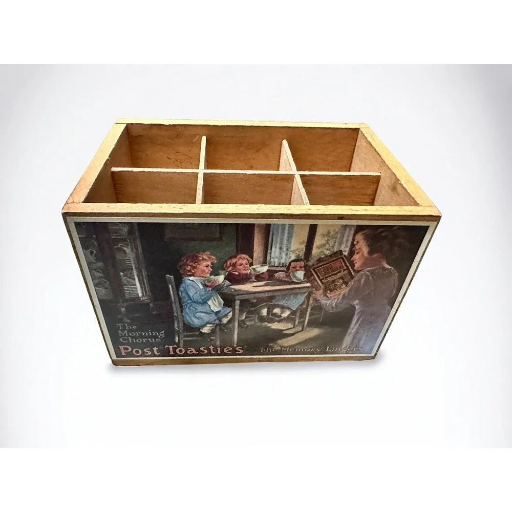 VTG Bristol Craft Post Toasties Corn Flakes Cereal Decor Divided Wood Box 1970's